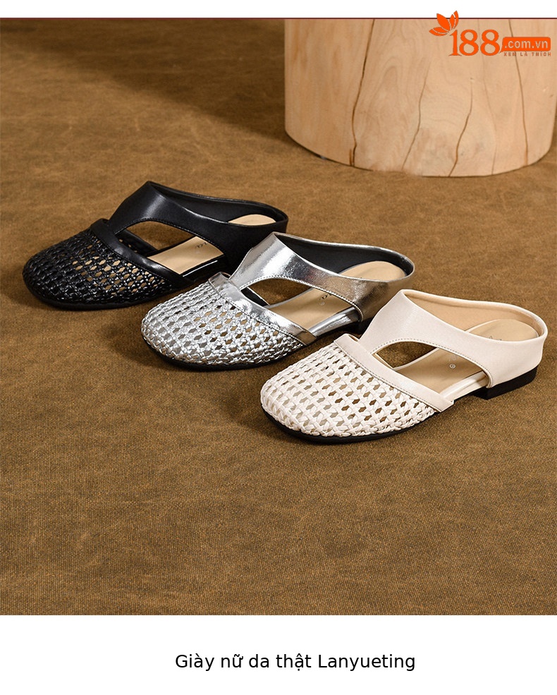 Dép sandal nữ da thật đế bệt mũi tròn gót thấp thoáng khí — màu đen chi tiết 9