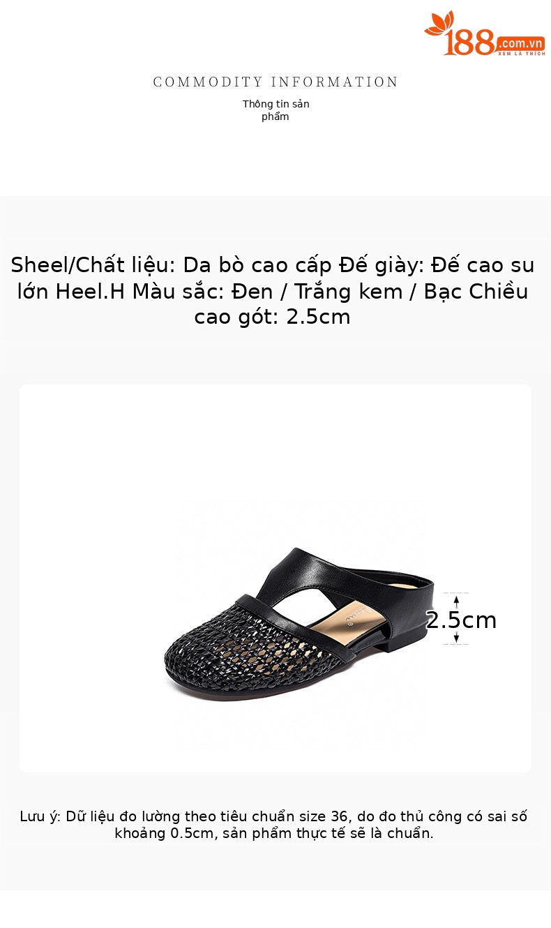 Dép sandal nữ da thật đế bệt mũi tròn gót thấp thoáng khí — màu đen chi tiết 1