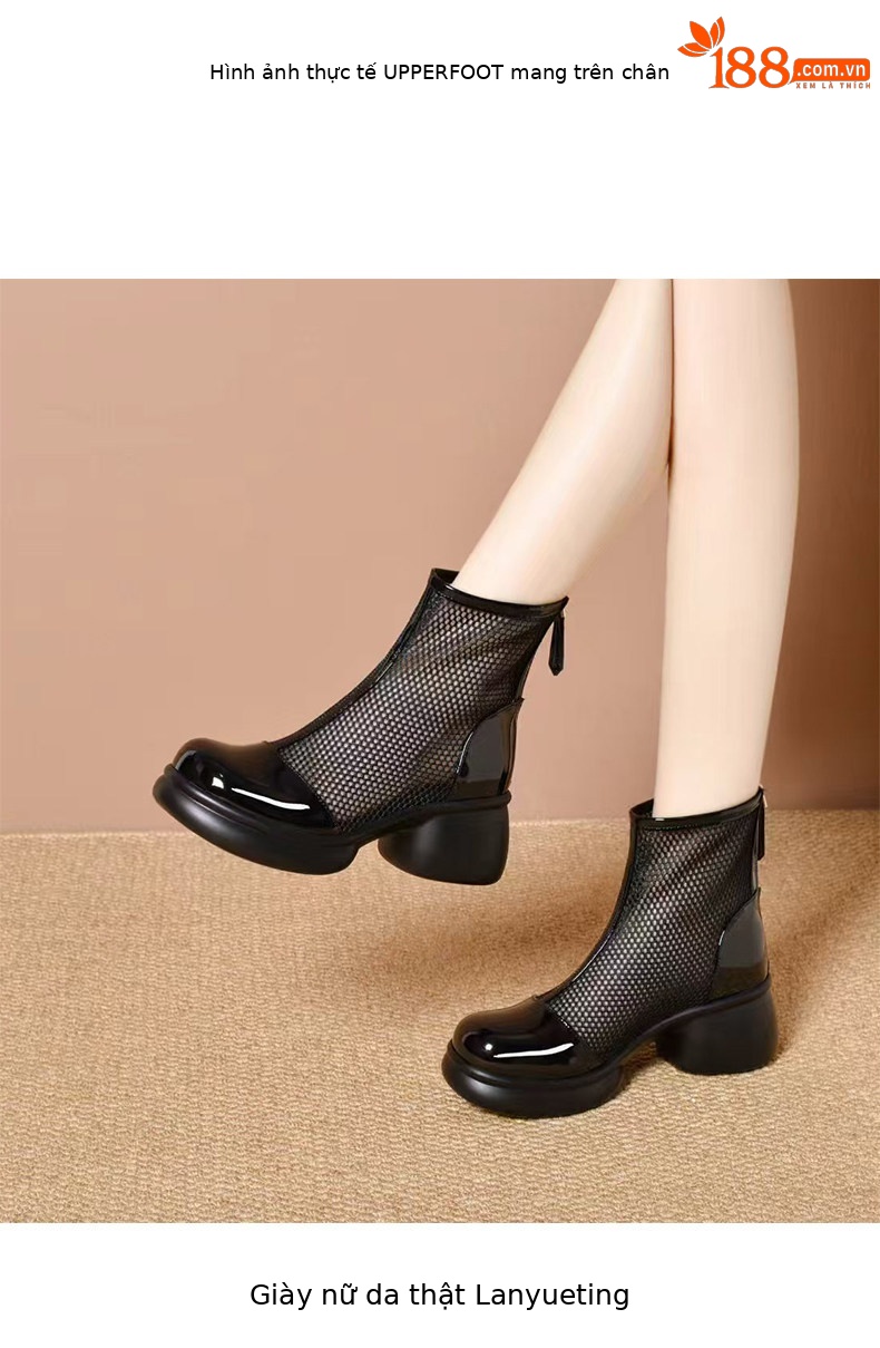 Sandal nữ đế dày gót vuông lưới thoáng khí phong cách La Mã mũi tròn đế mềm — màu đen chi tiết 3