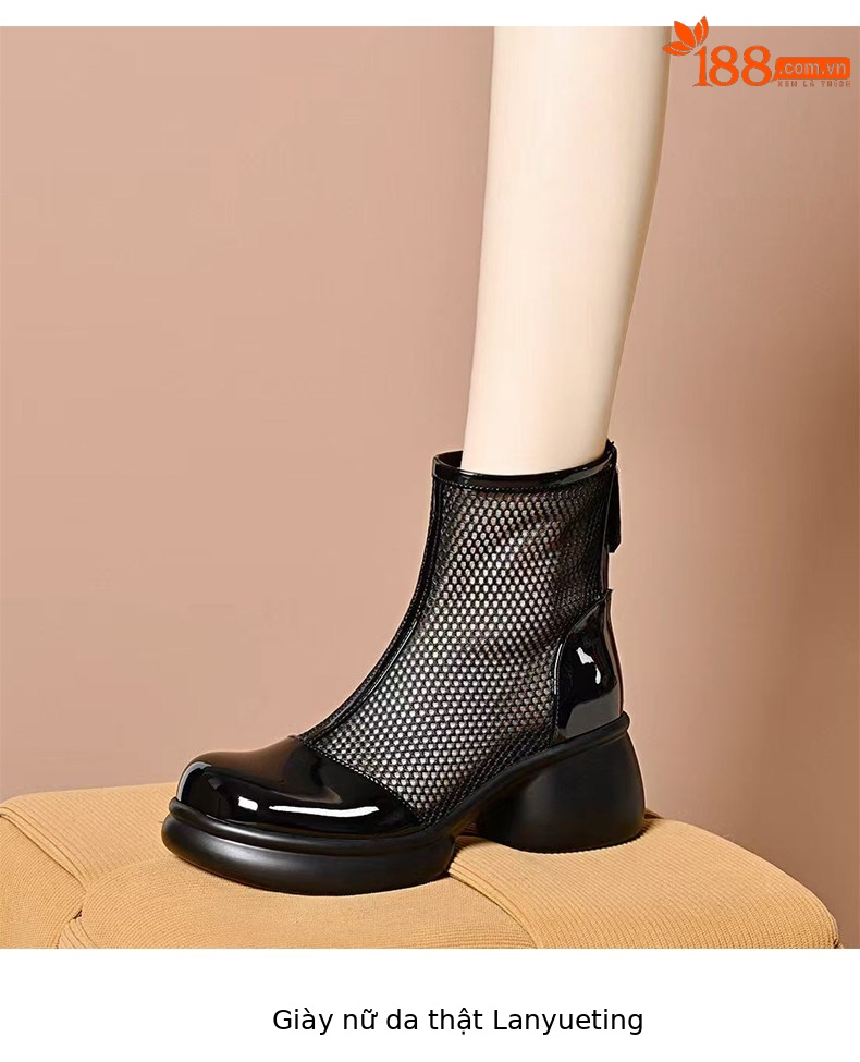 Sandal nữ đế dày gót vuông lưới thoáng khí phong cách La Mã mũi tròn đế mềm — màu đen chi tiết 5