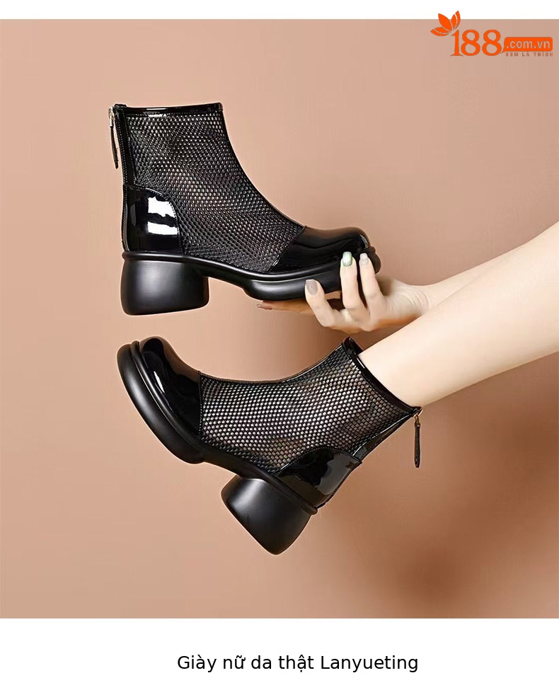 Sandal nữ đế dày gót vuông lưới thoáng khí phong cách La Mã mũi tròn đế mềm — màu đen chi tiết 6