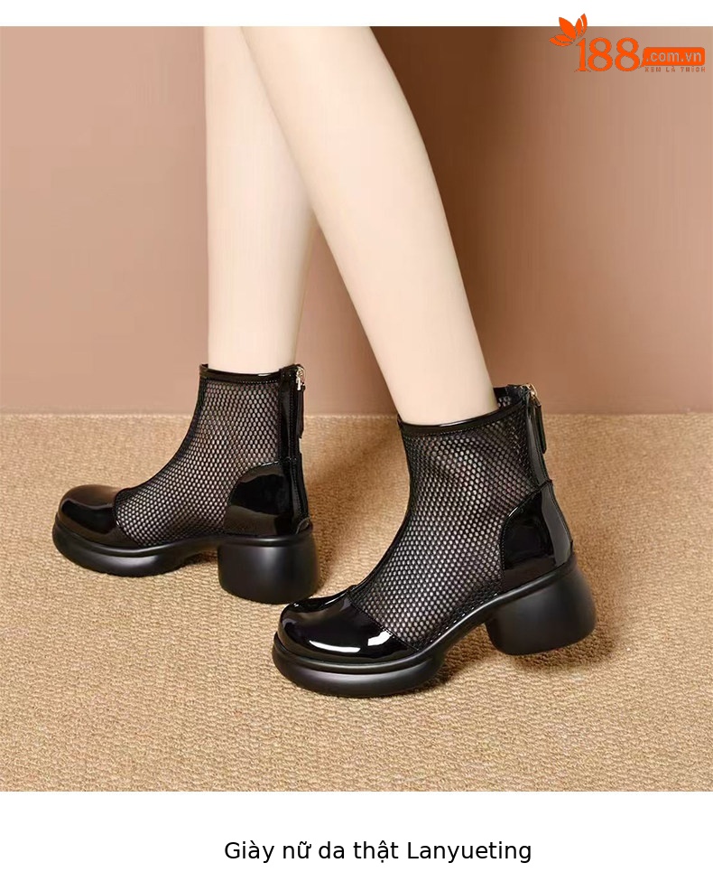 Sandal nữ đế dày gót vuông lưới thoáng khí phong cách La Mã mũi tròn đế mềm — màu đen chi tiết 7