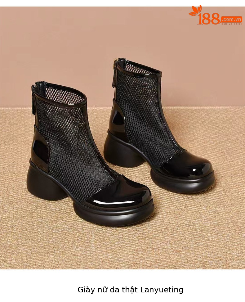 Sandal nữ đế dày gót vuông lưới thoáng khí phong cách La Mã mũi tròn đế mềm — màu đen chi tiết 8