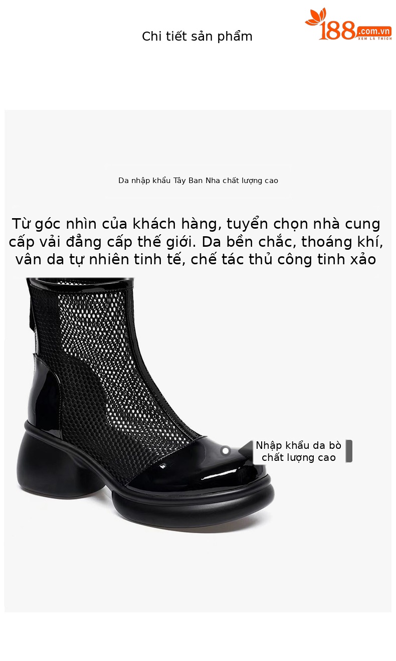 Sandal nữ đế dày gót vuông lưới thoáng khí phong cách La Mã mũi tròn đế mềm — màu đen chi tiết 2