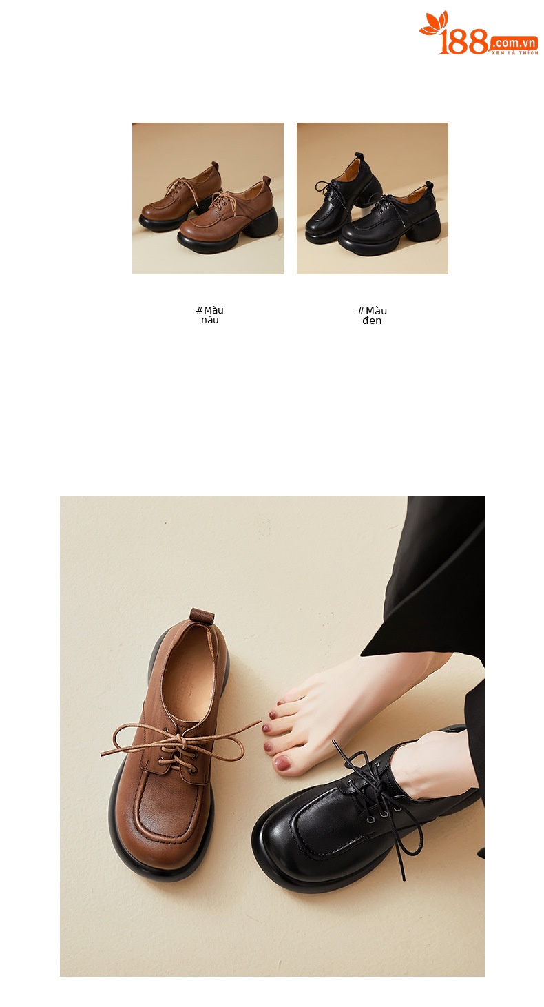 Giày loafer nữ dây buộc phong cách Anh, gót vuông 5,5 cm, mũi sâu, đế dày — màu nâu chi tiết 3