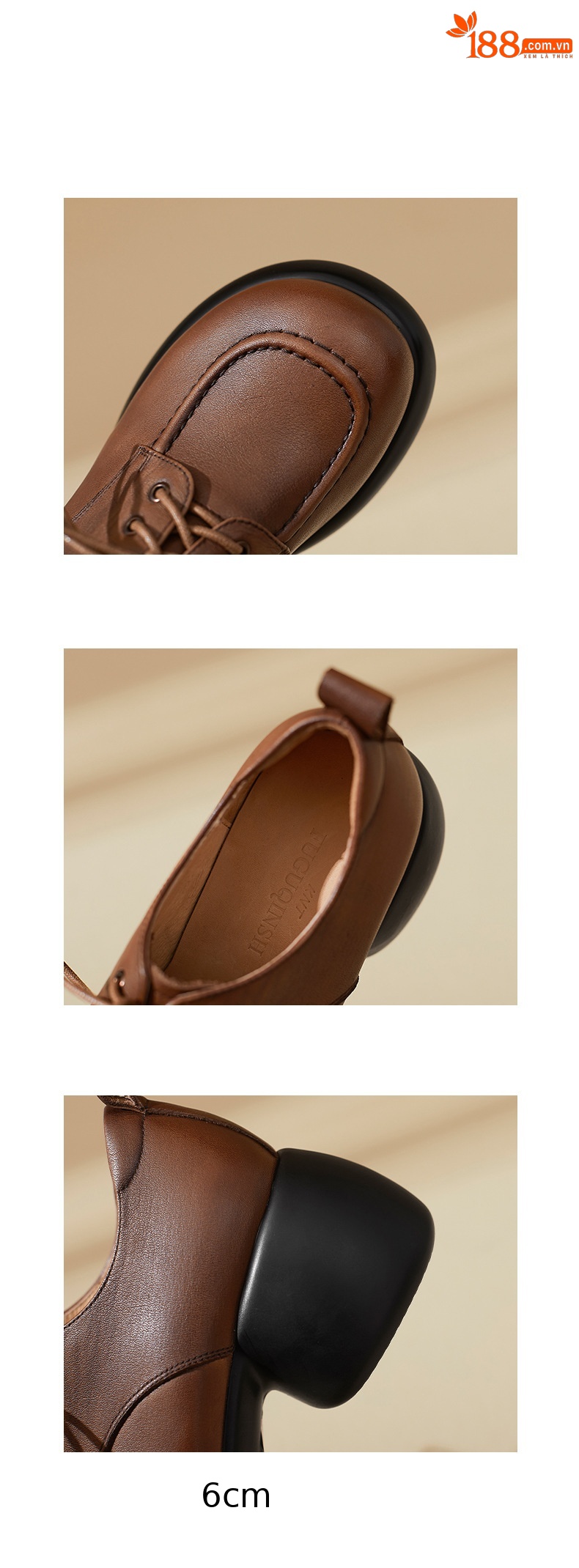 Giày loafer nữ dây buộc phong cách Anh, gót vuông 5,5 cm, mũi sâu, đế dày — màu nâu chi tiết 4