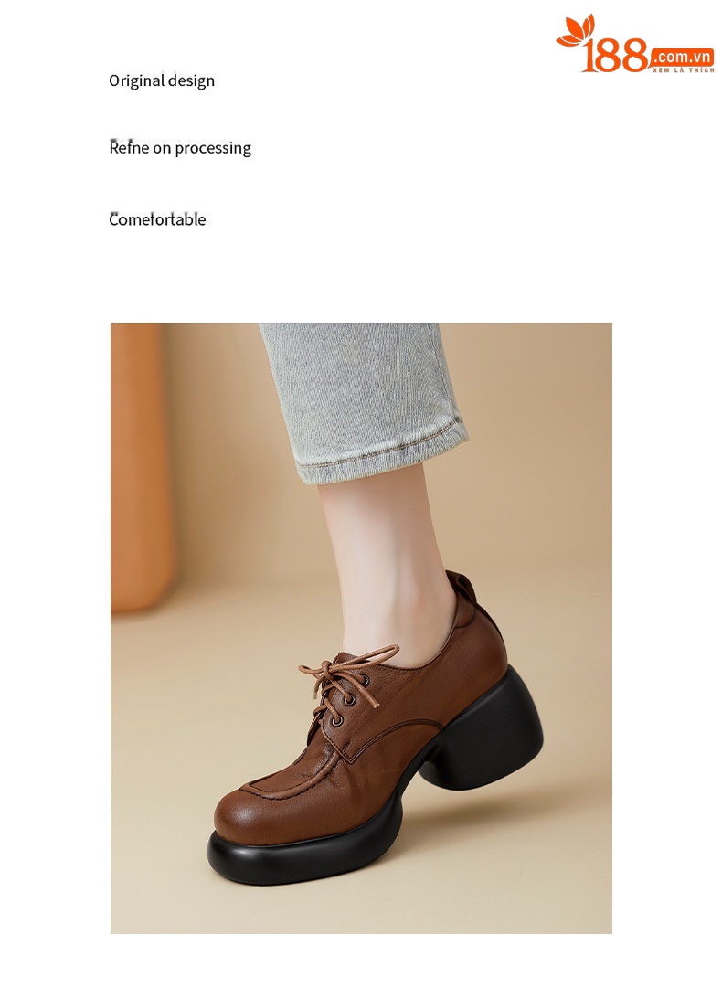 Giày loafer nữ dây buộc phong cách Anh, gót vuông 5,5 cm, mũi sâu, đế dày — màu nâu chi tiết 6