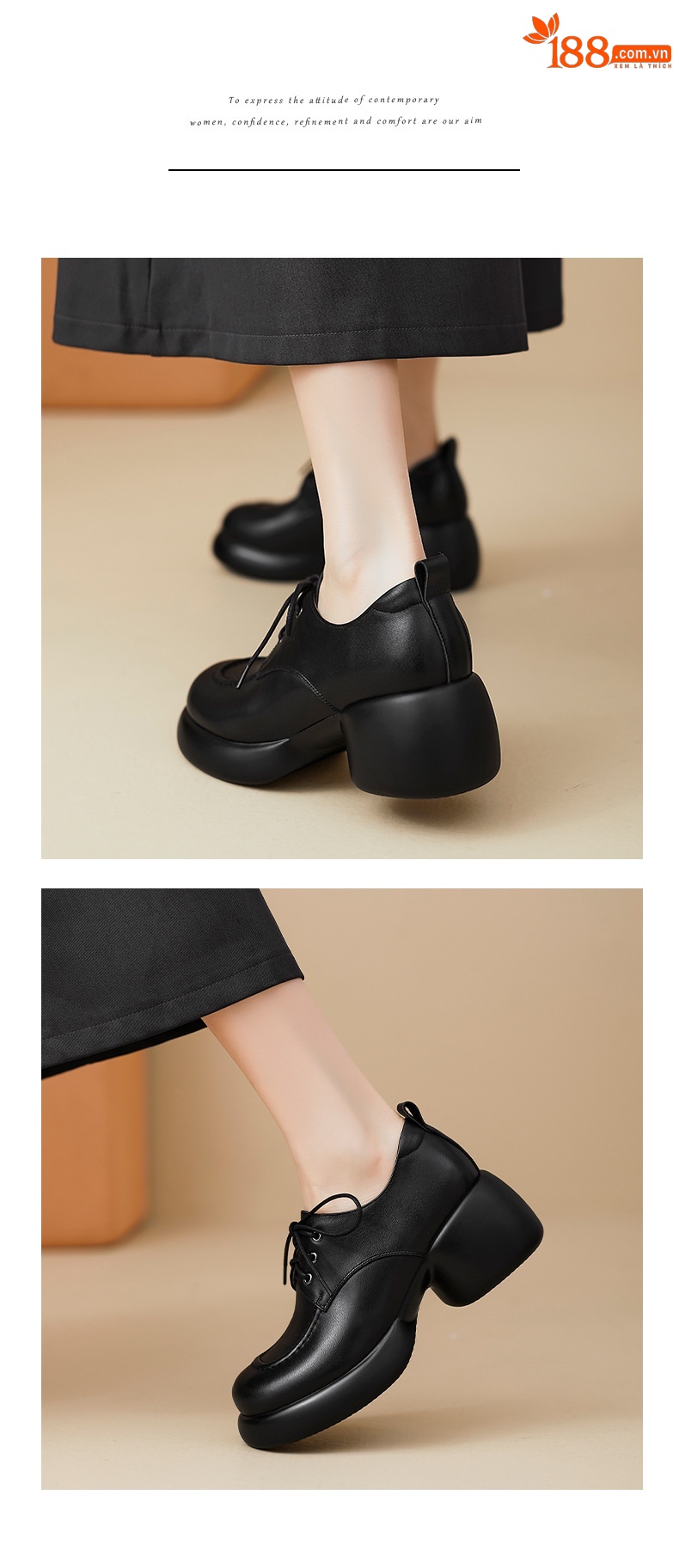 Giày loafer nữ dây buộc phong cách Anh, gót vuông 5,5 cm, mũi sâu, đế dày — màu nâu chi tiết 9