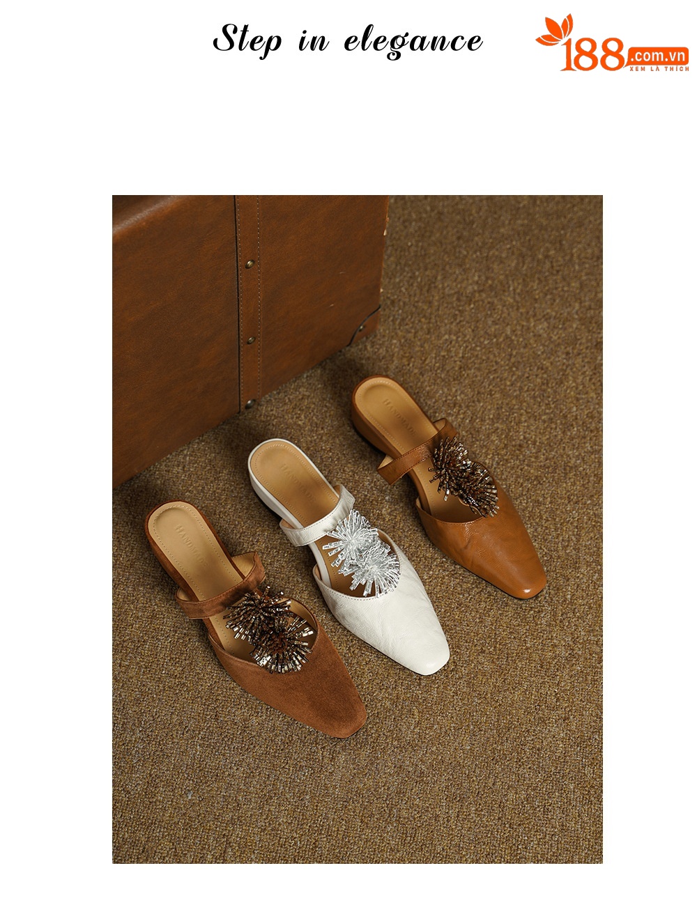 Dép sandal nữ xỏ ngón đế bệt mũi nhọn đính đá pháo hoa họa tiết hoa — Màu caramel cừu lật chi tiết 1