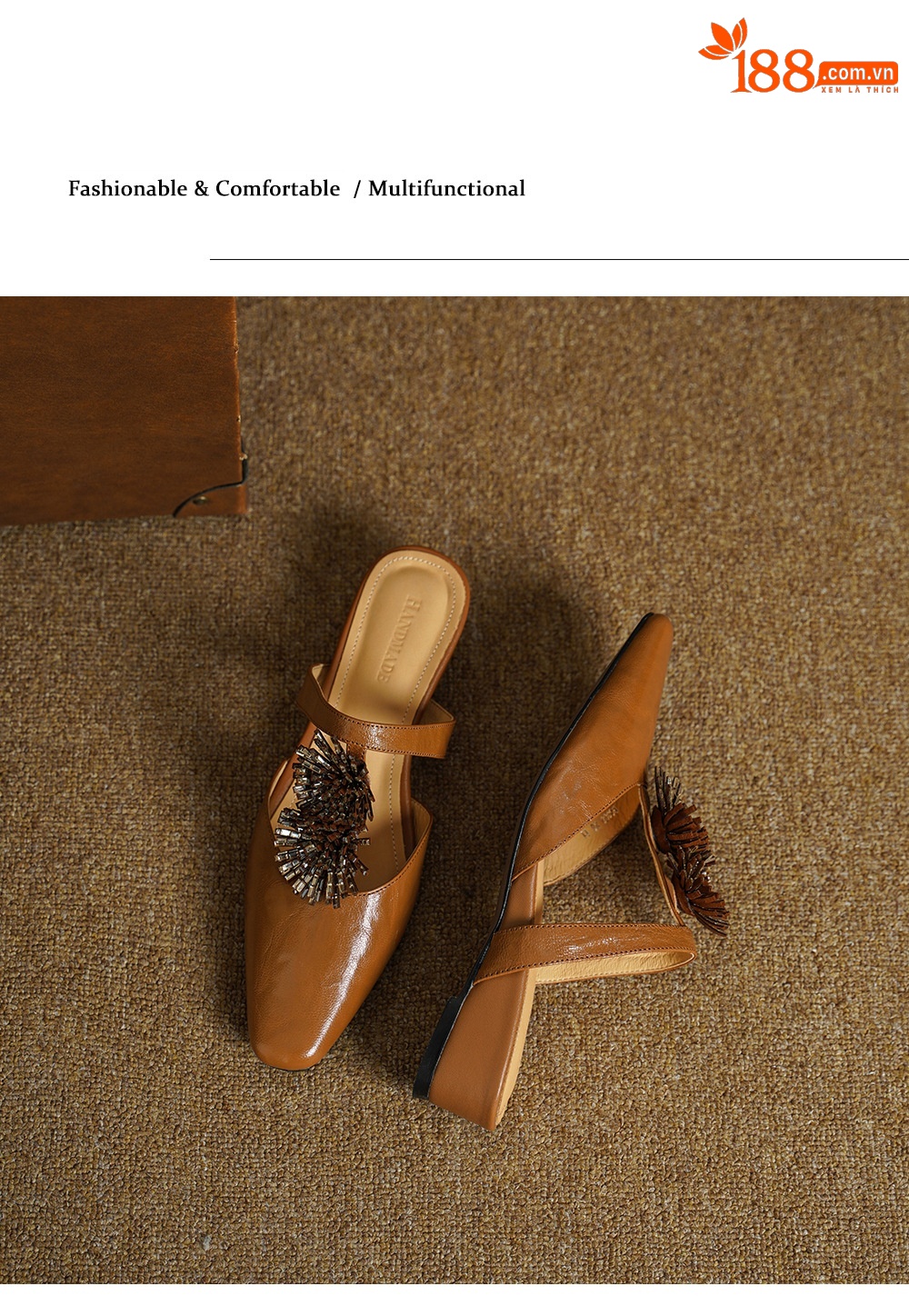 Dép sandal nữ xỏ ngón đế bệt mũi nhọn đính đá pháo hoa họa tiết hoa — Màu caramel cừu lật chi tiết 12