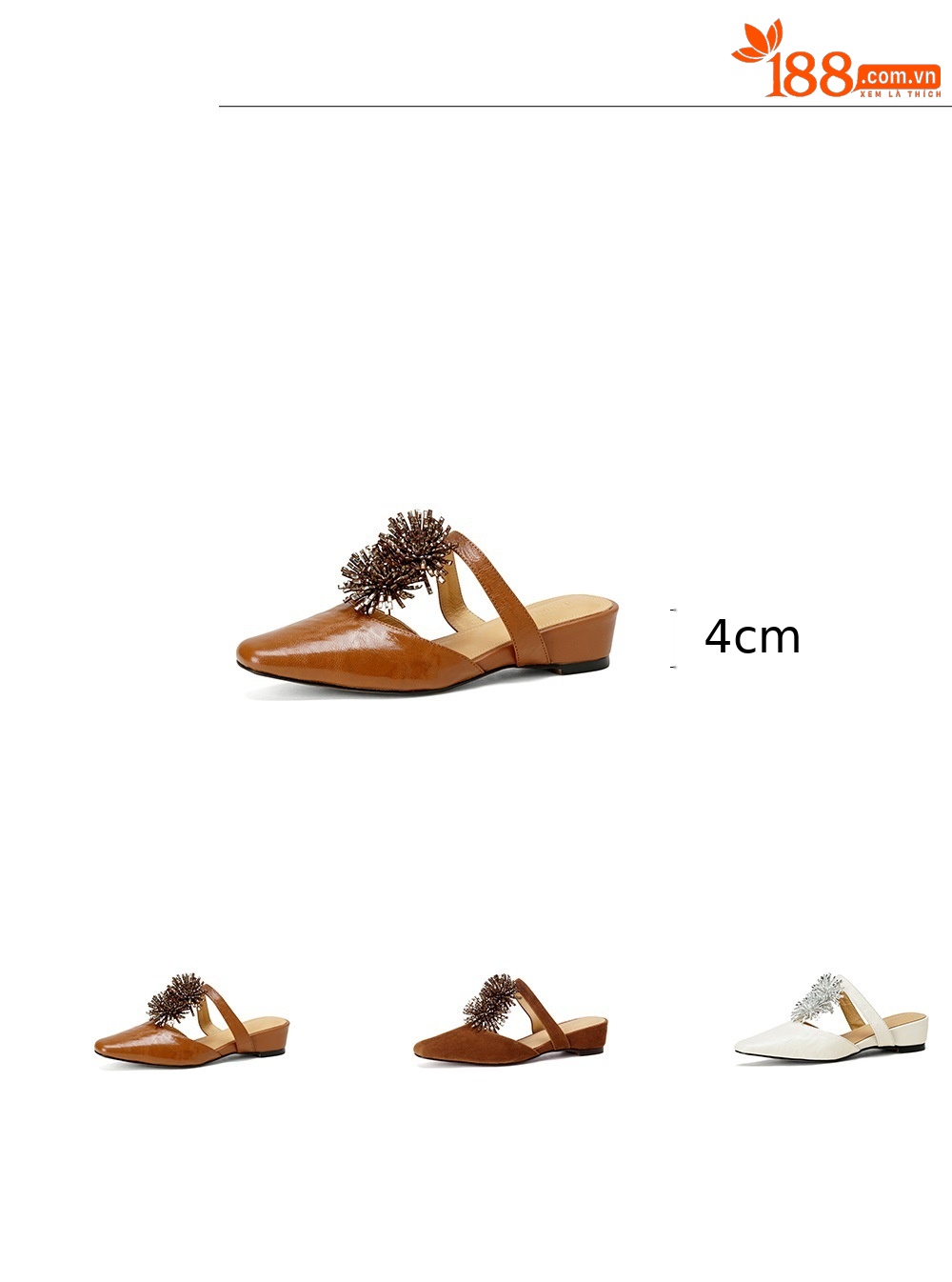 Dép sandal nữ xỏ ngón đế bệt mũi nhọn đính đá pháo hoa họa tiết hoa — Màu caramel cừu lật chi tiết 2