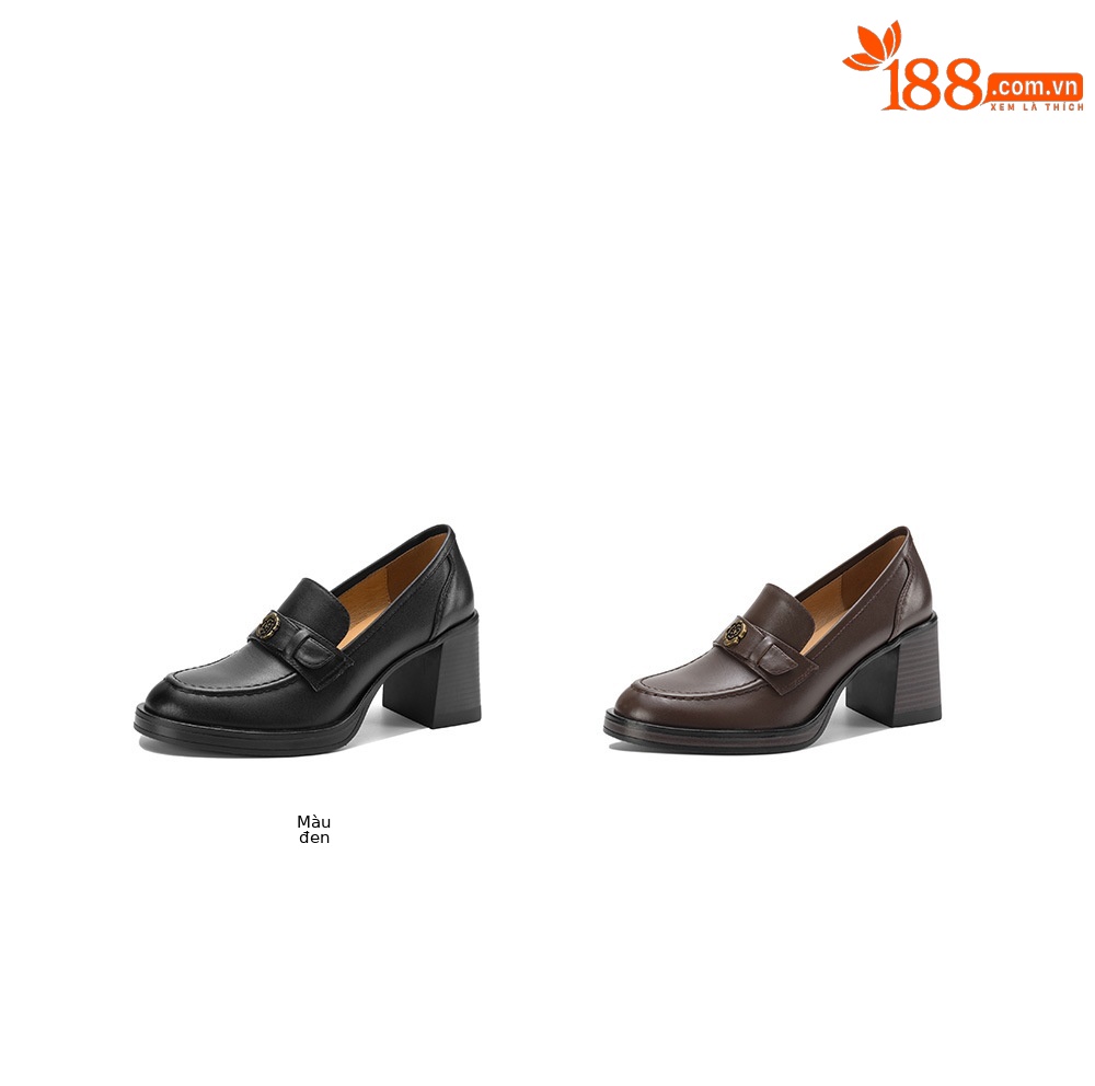 Giày loafer nữ cao gót phong cách Anh quốc vintage, da bò thật gót vuông — màu nâu chi tiết 4