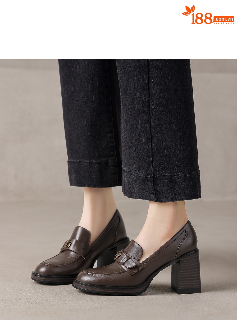 Giày loafer nữ cao gót phong cách Anh quốc vintage, da bò thật gót vuông — màu nâu chi tiết 17