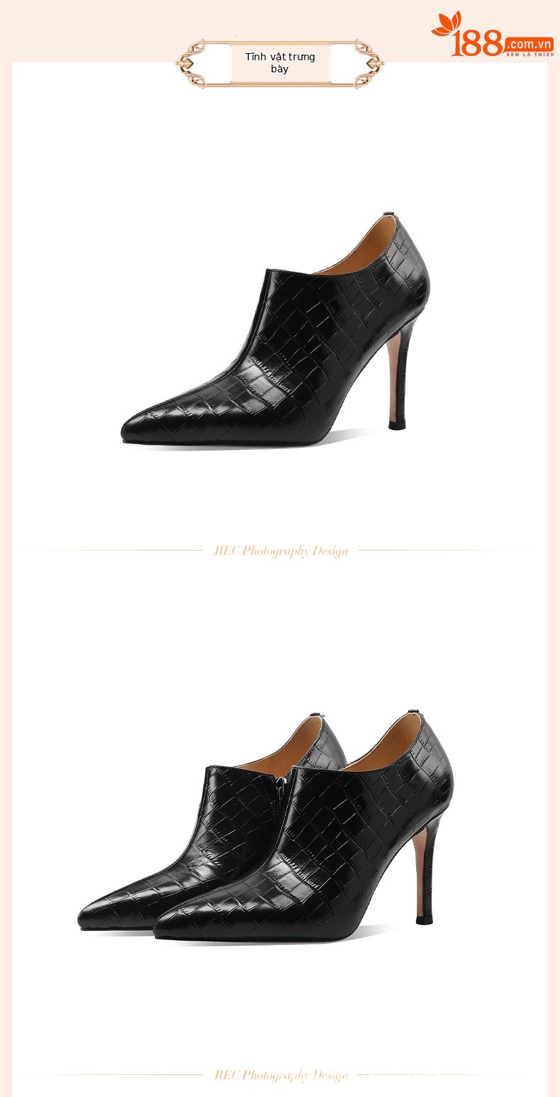 Boot nữ cổ thấp mũi nhọn da bò dập nổi, gót nhọn 5 cm, khóa kéo bên hông — Đen 5cm chi tiết 1