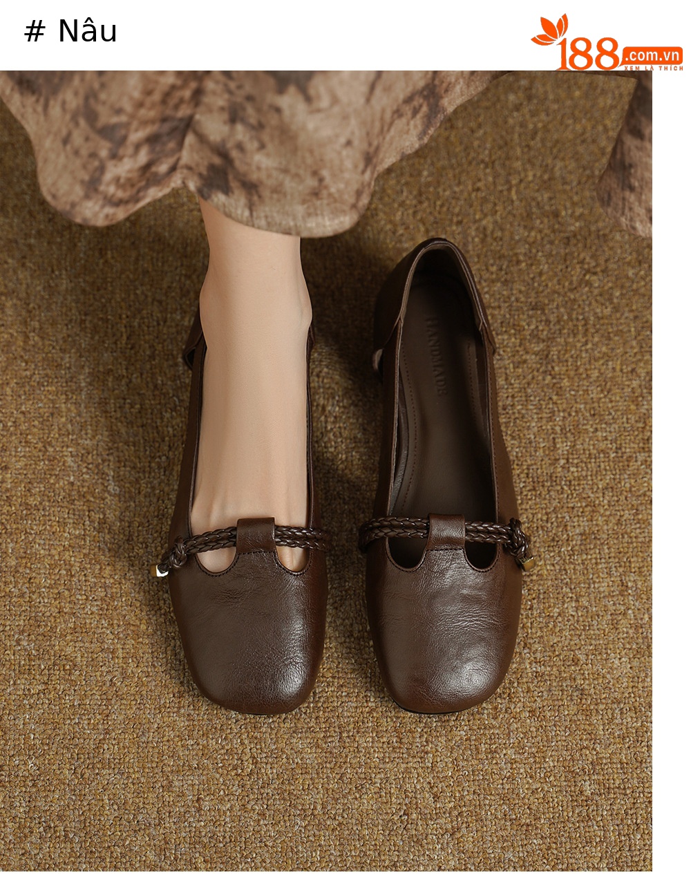 Sandal nữ da cừu mũi kín đế xuồng gót cao 9 cm phong cách Hàn Quốc — màu nâu chi tiết 6