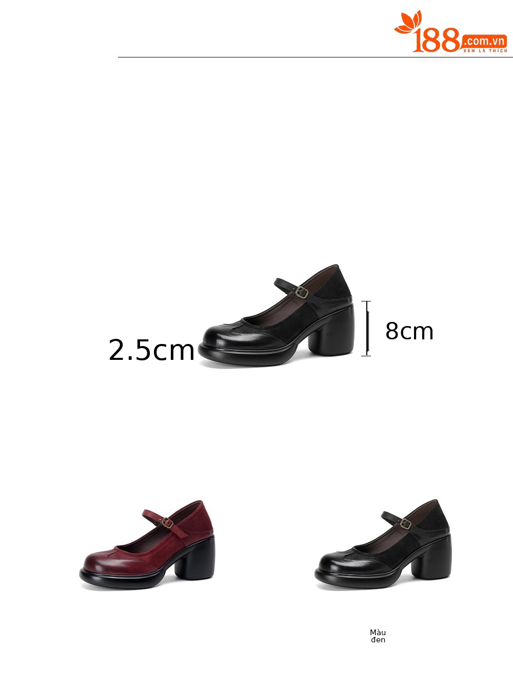 Giày Mary Jane nữ da bò mũi tròn gót thô 8 cm quai ngang khóa — đen chi tiết 2