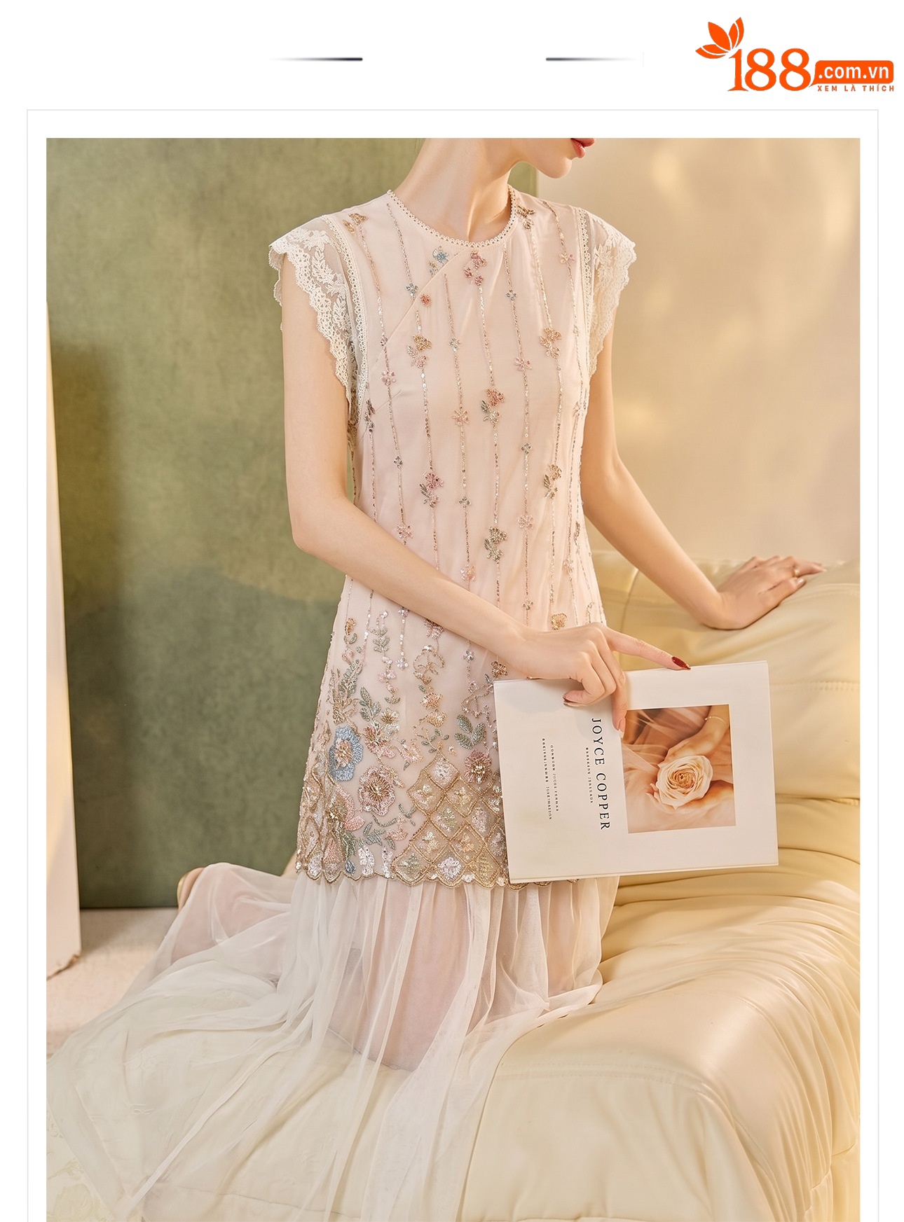 Váy dài ren hai lớp tay áo lưới đính sequin thêu giả — Hồng Hạnh chi tiết 1
