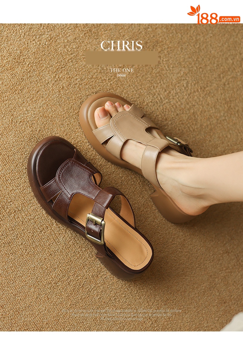 Sandal nữ hở mũi quai chữ T đế cao gót 6 cm, da mềm phong cách La Mã — màu nâu chi tiết 1