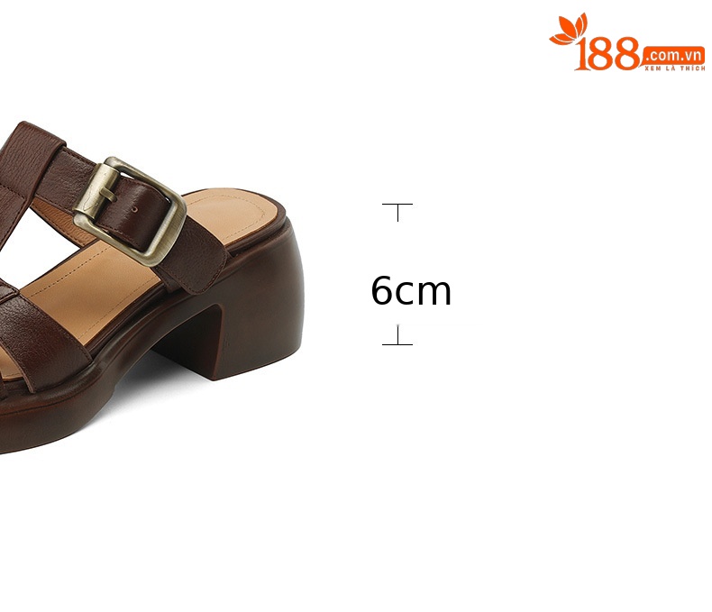 Sandal nữ hở mũi quai chữ T đế cao gót 6 cm, da mềm phong cách La Mã — màu nâu chi tiết 4