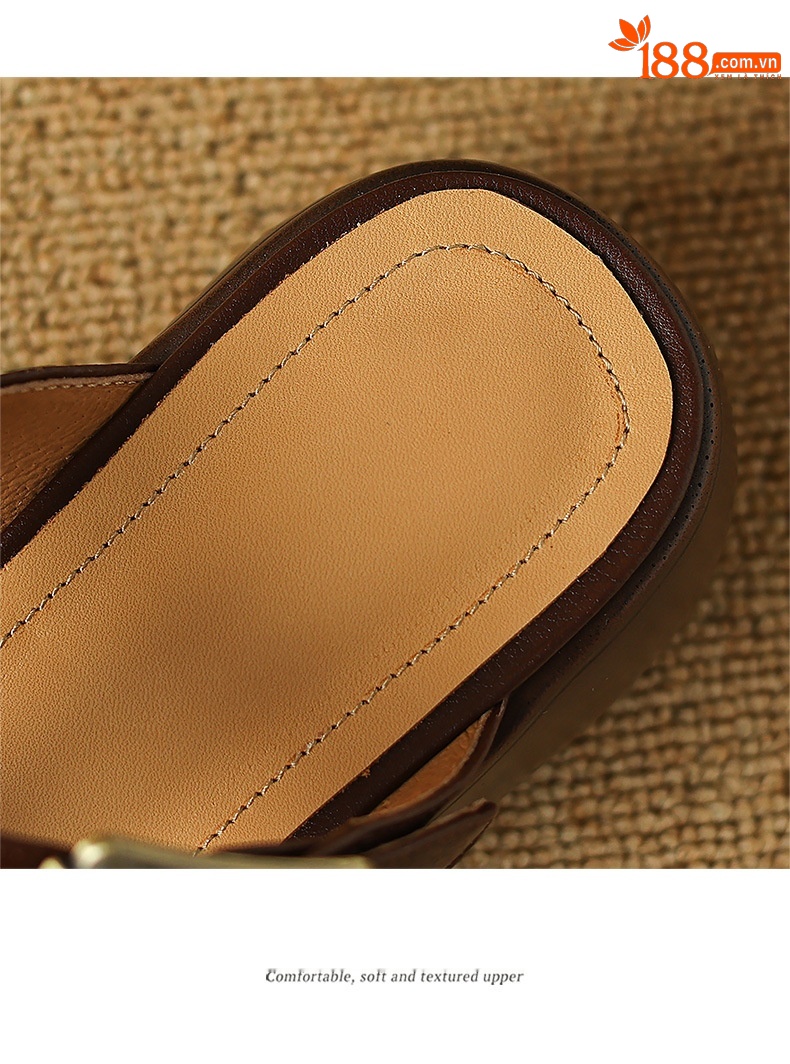 Sandal nữ hở mũi quai chữ T đế cao gót 6 cm, da mềm phong cách La Mã — màu nâu chi tiết 15