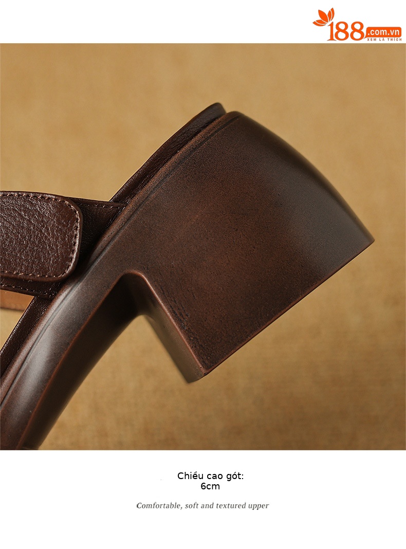 Sandal nữ hở mũi quai chữ T đế cao gót 6 cm, da mềm phong cách La Mã — màu nâu chi tiết 16