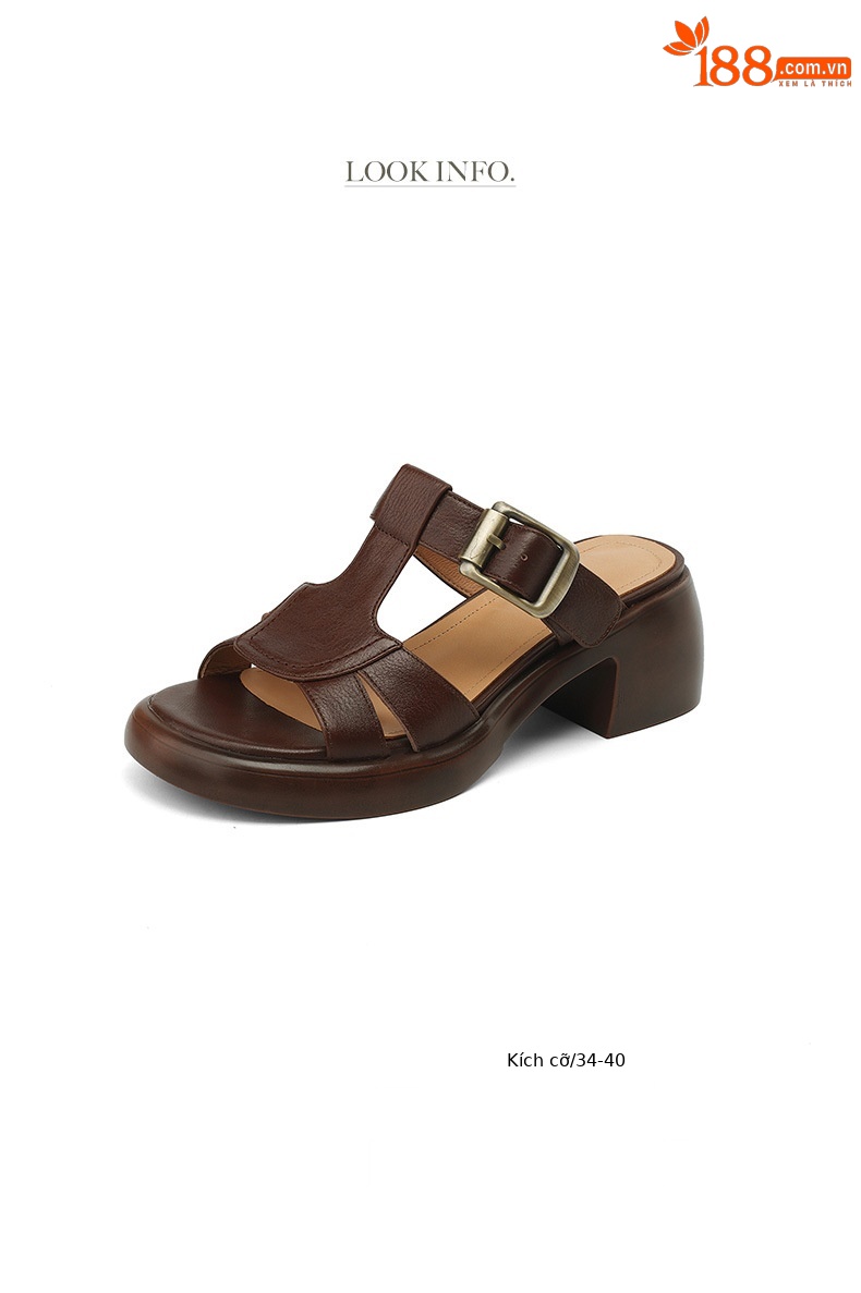Sandal nữ hở mũi quai chữ T đế cao gót 6 cm, da mềm phong cách La Mã — màu nâu chi tiết 3