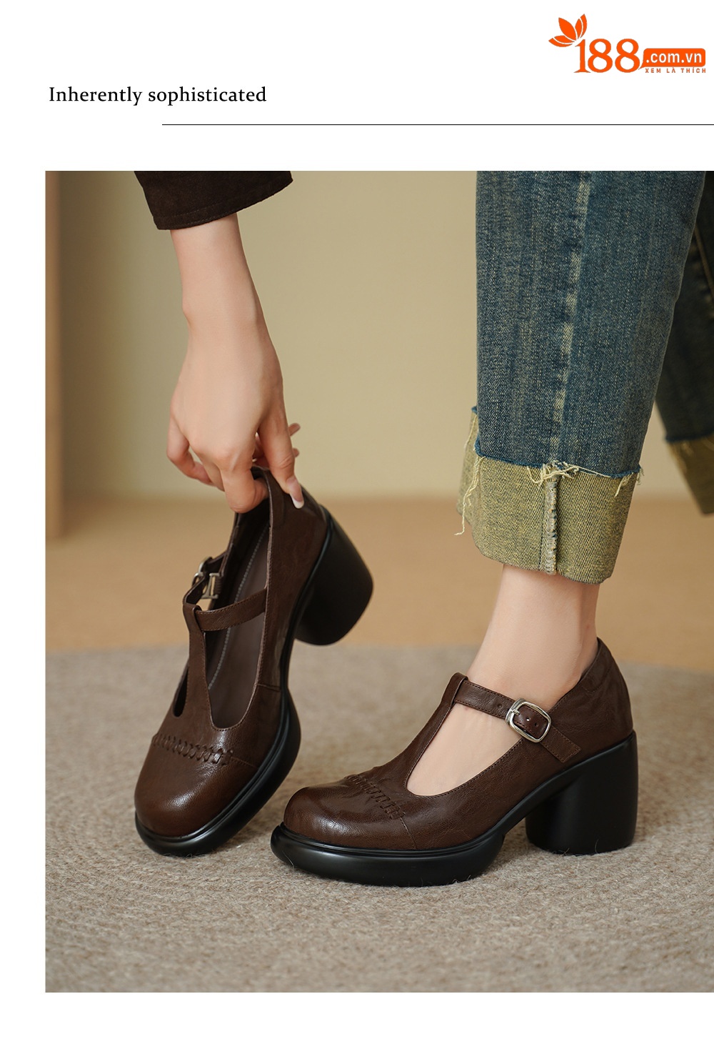Giày Mary Jane nữ đế dày gót thô 8 cm da dê quai ngang khóa — màu nâu chi tiết 3