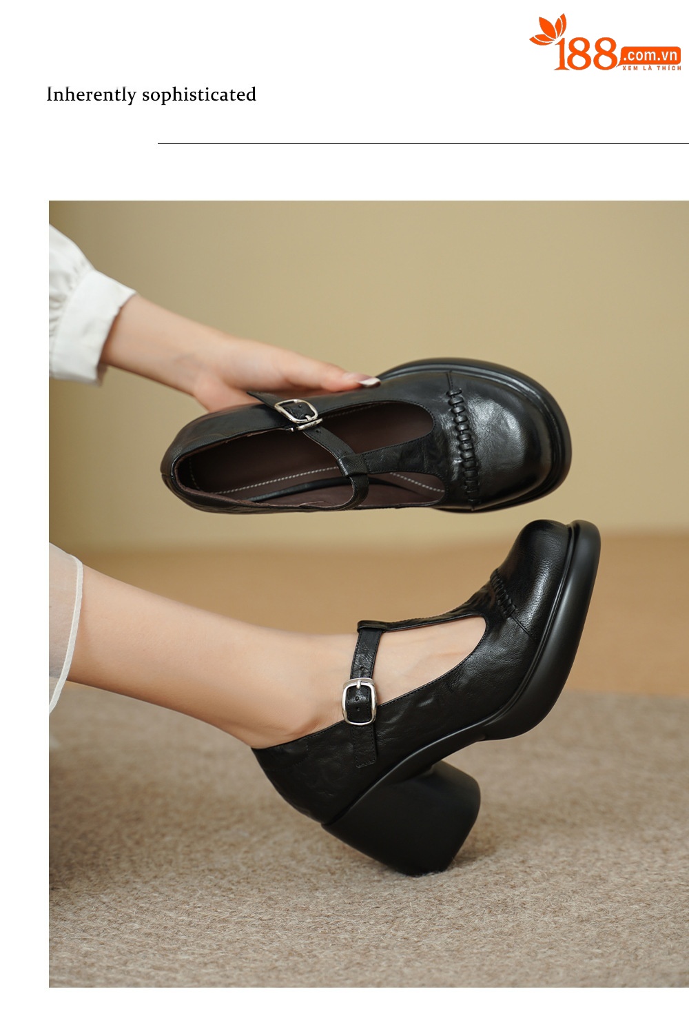Giày Mary Jane nữ đế dày gót thô 8 cm da dê quai ngang khóa — màu nâu chi tiết 7