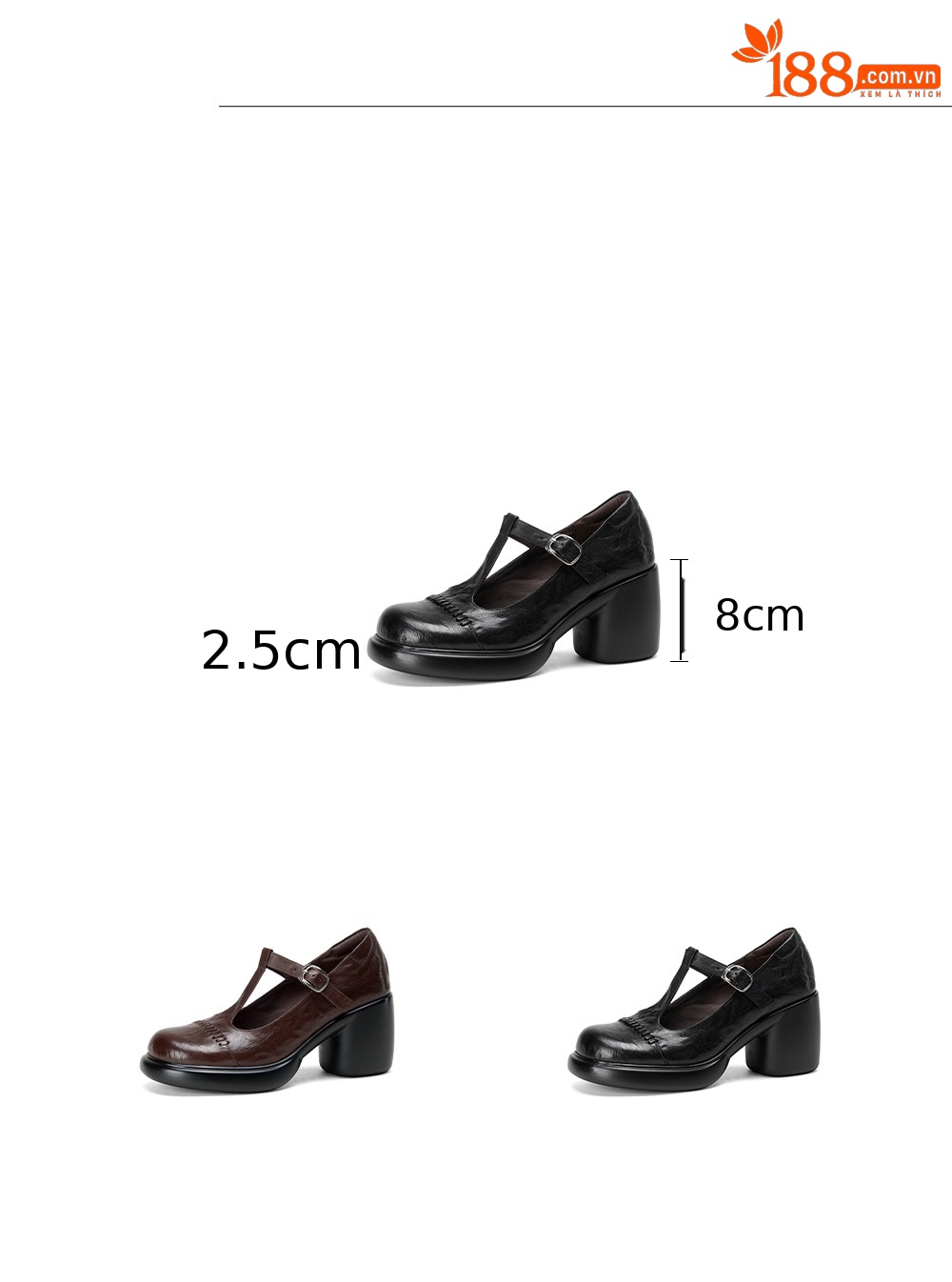 Giày Mary Jane nữ đế dày gót thô 8 cm da dê quai ngang khóa — màu nâu chi tiết 2