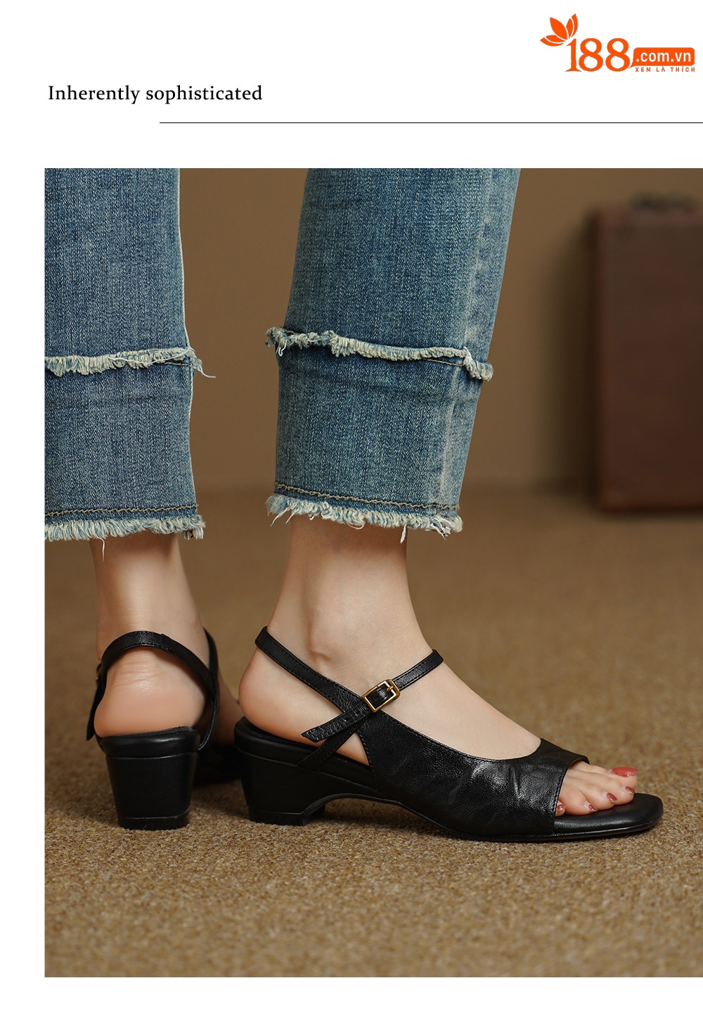 Sandal nữ da dê hở mũi gót vuông 4,5 cm phong cách Hàn Quốc — đen chi tiết 6
