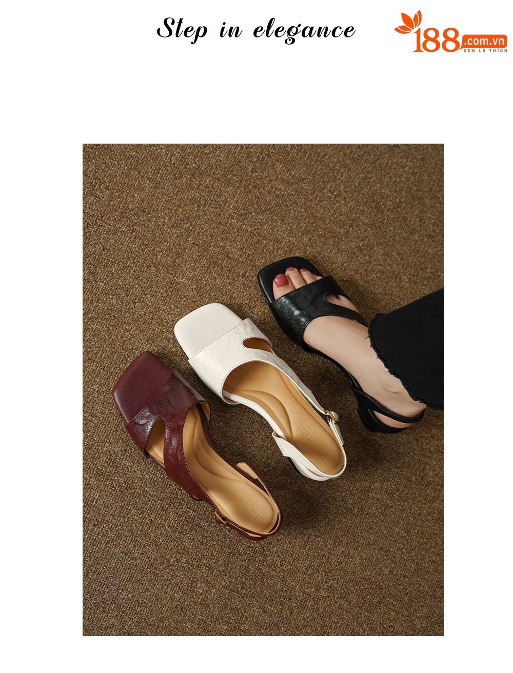 Sandal nữ hở mũi da dê gót thấp 4,5 cm phong cách Hàn Quốc khóa cài đơn giản — đen chi tiết 1