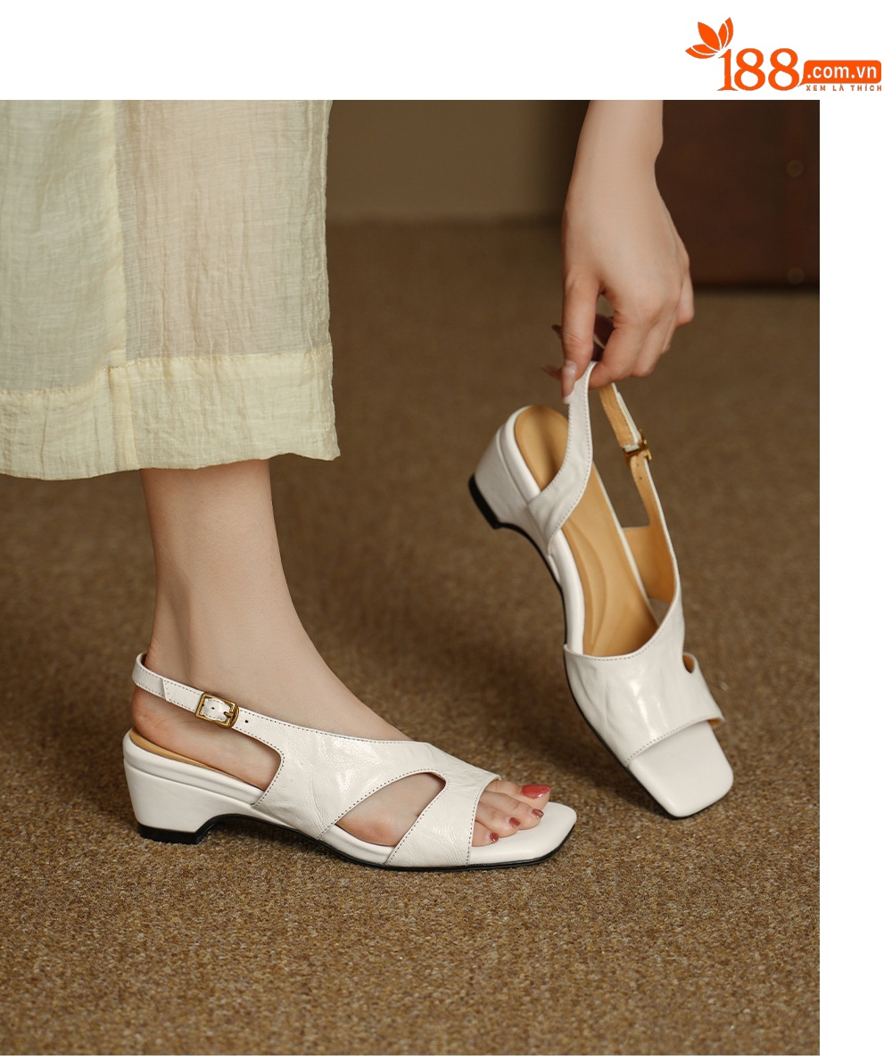 Sandal nữ hở mũi da dê gót thấp 4,5 cm phong cách Hàn Quốc khóa cài đơn giản — đen chi tiết 8