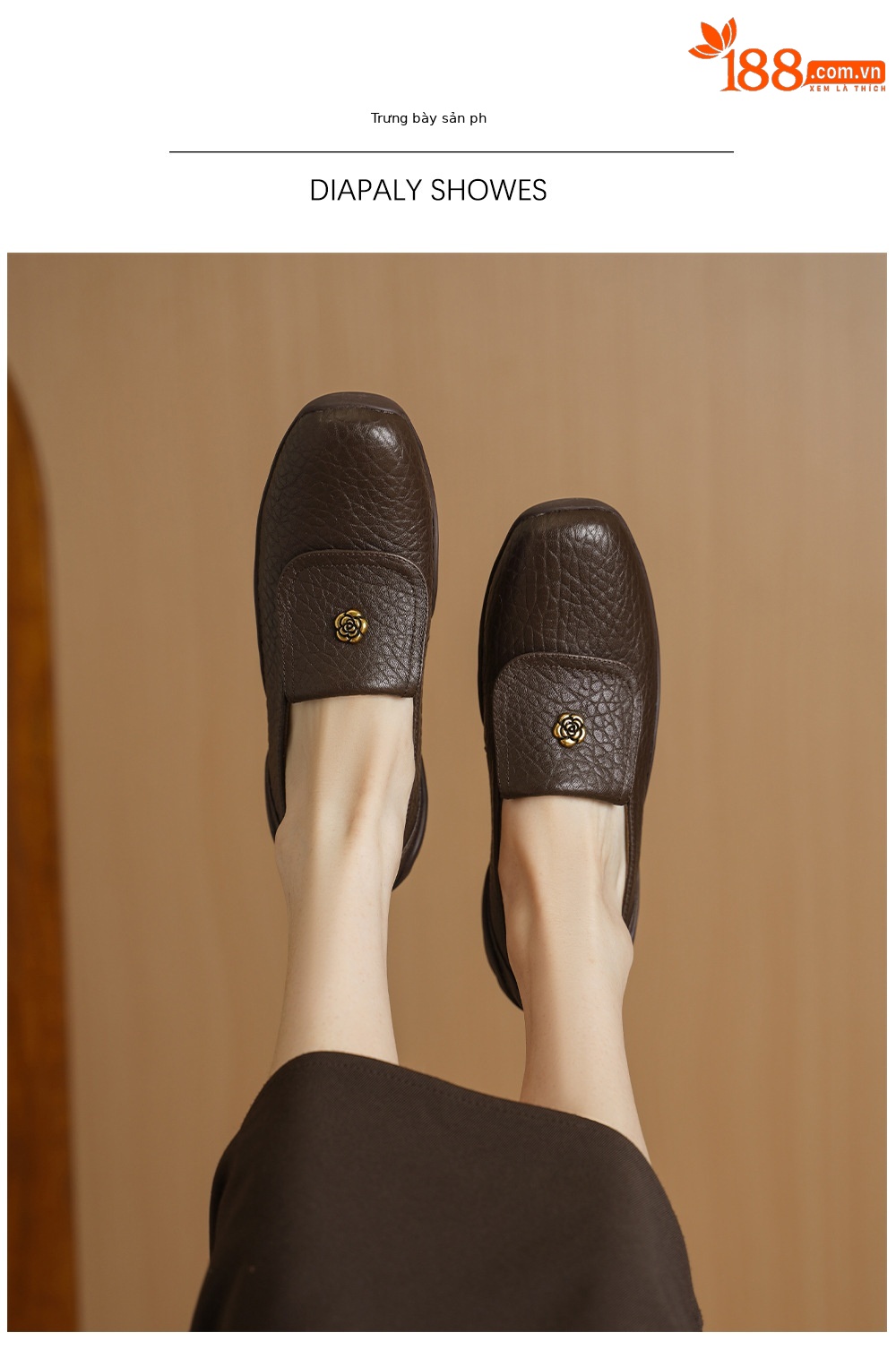 Giày loafer nữ da dê mũi tròn, gót thấp 3 cm, hoa nổi, phong cách cổ điển — màu nâu chi tiết 5