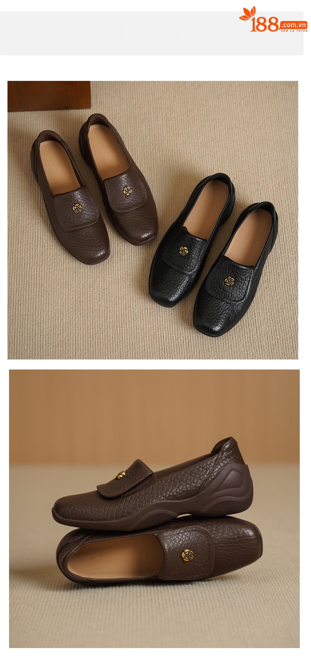 Giày loafer nữ da dê mũi tròn, gót thấp 3 cm, hoa nổi, phong cách cổ điển — màu nâu chi tiết 11