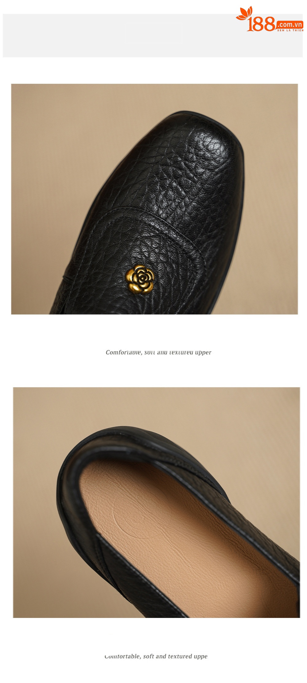 Giày loafer nữ da dê mũi tròn, gót thấp 3 cm, hoa nổi, phong cách cổ điển — màu nâu chi tiết 14