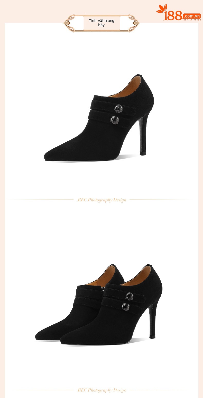 Boot nữ da cừu mũi nhọn gót 5 cm kéo khóa bên — Đen 5cm chi tiết 1