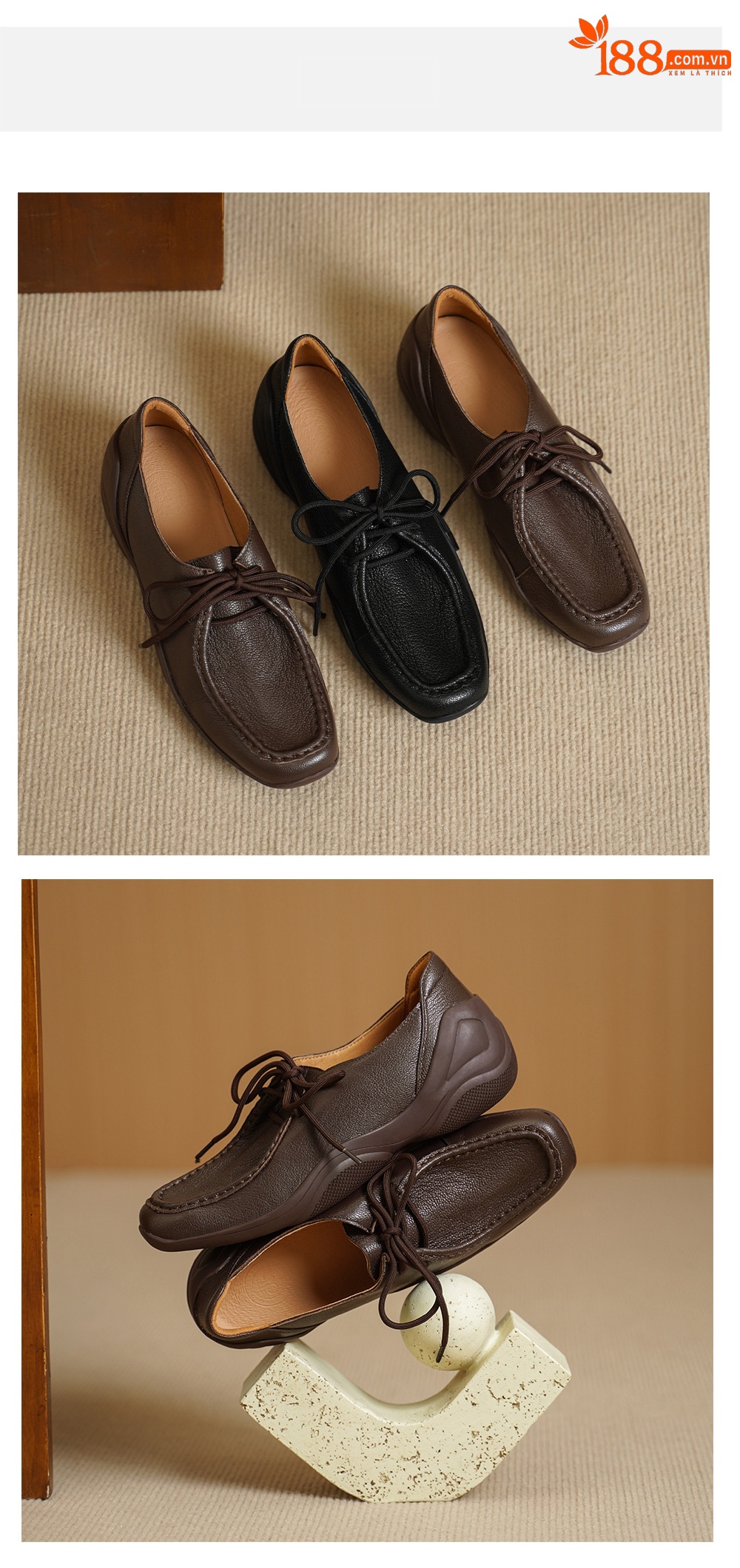 Giày lười nữ mũi vuông da cừu mềm phong cách DeTrain vintage, đế bệt buộc dây — màu nâu chi tiết 10