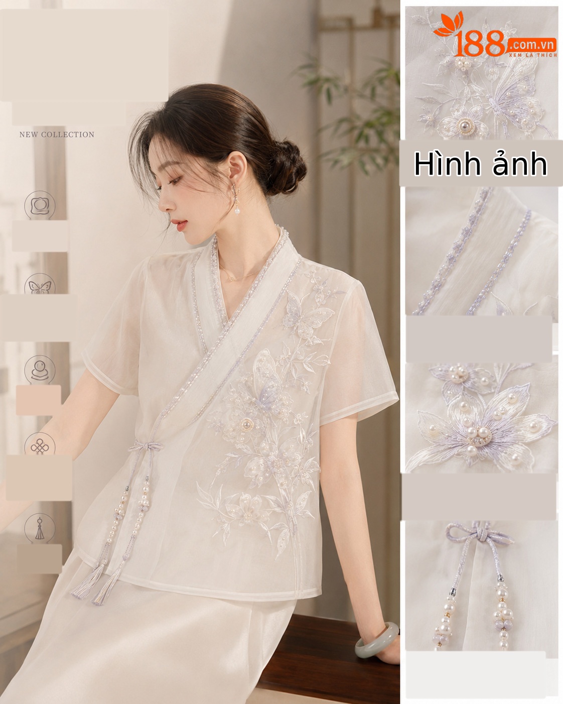 Áo sơ mi nữ cổ chữ V thêu túi, tua nút — màu mơ chi tiết 1