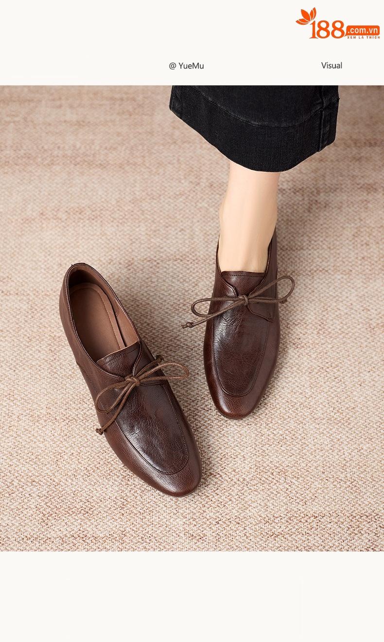 Giày da nữ kiểu Anh buộc dây mũi nhọn gót vuông 4 cm — màu nâu chi tiết 2