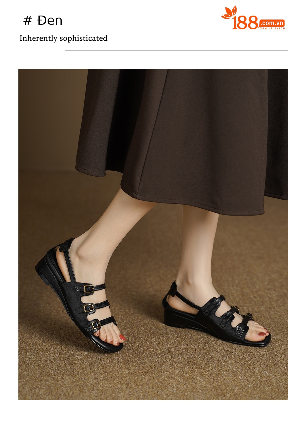 Sandal nữ hở mũi đầu vuông cổ điển quai ngang khóa cài gót thấp — màu be chi tiết 4