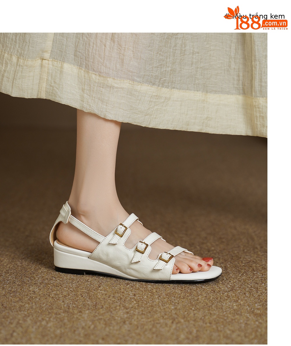 Sandal nữ hở mũi đầu vuông cổ điển quai ngang khóa cài gót thấp — màu be chi tiết 7
