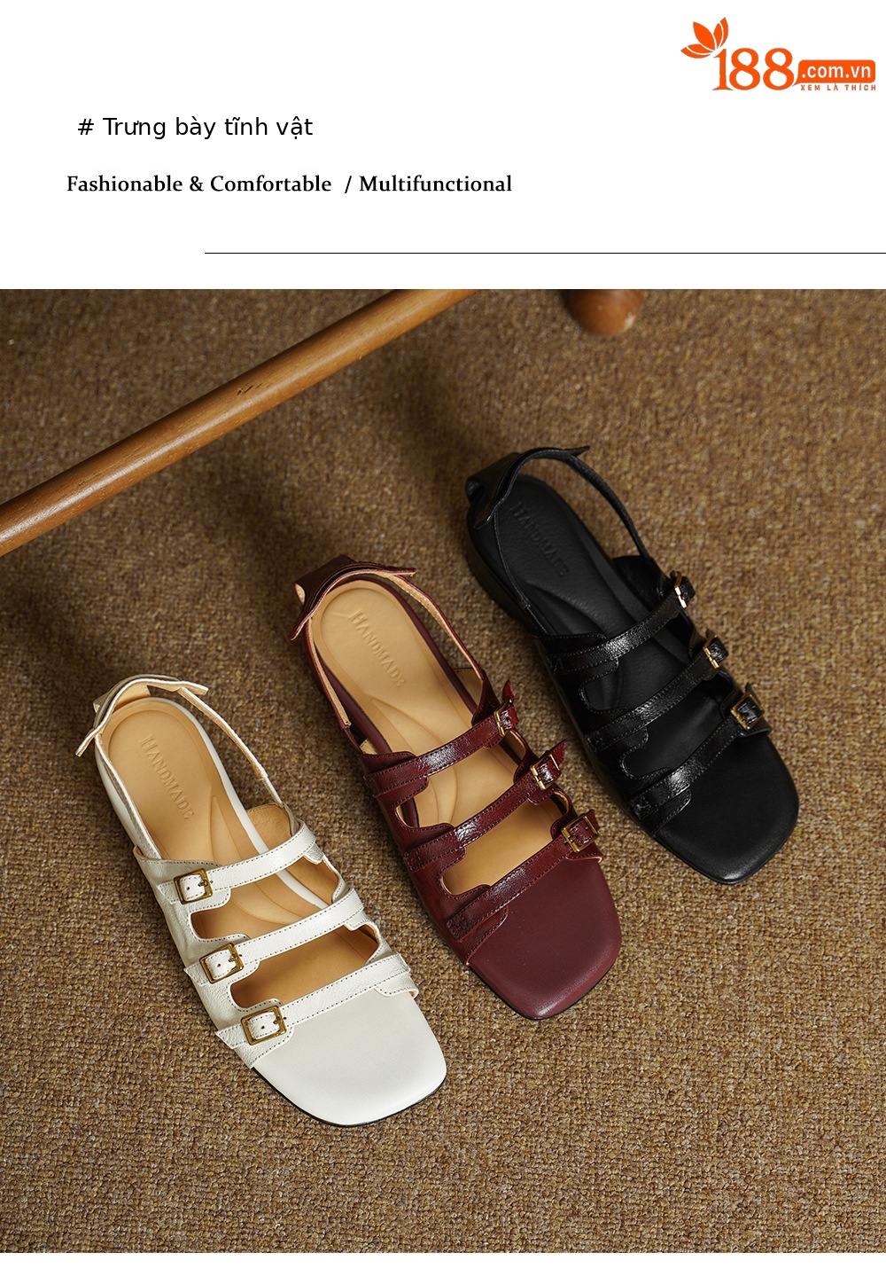 Sandal nữ hở mũi đầu vuông cổ điển quai ngang khóa cài gót thấp — màu be chi tiết 11