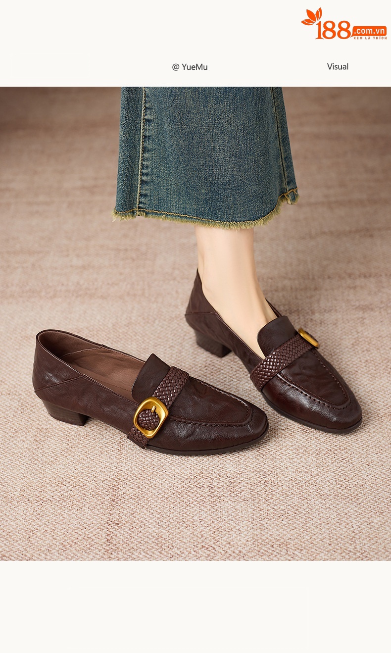 Giày lười nữ mũi vuông da cừu gót thô phong cách vintage khóa dệt — màu nâu chi tiết 1