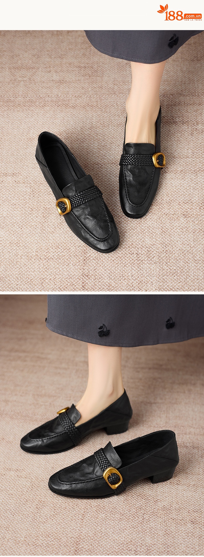Giày lười nữ mũi vuông da cừu gót thô phong cách vintage khóa dệt — màu nâu chi tiết 4