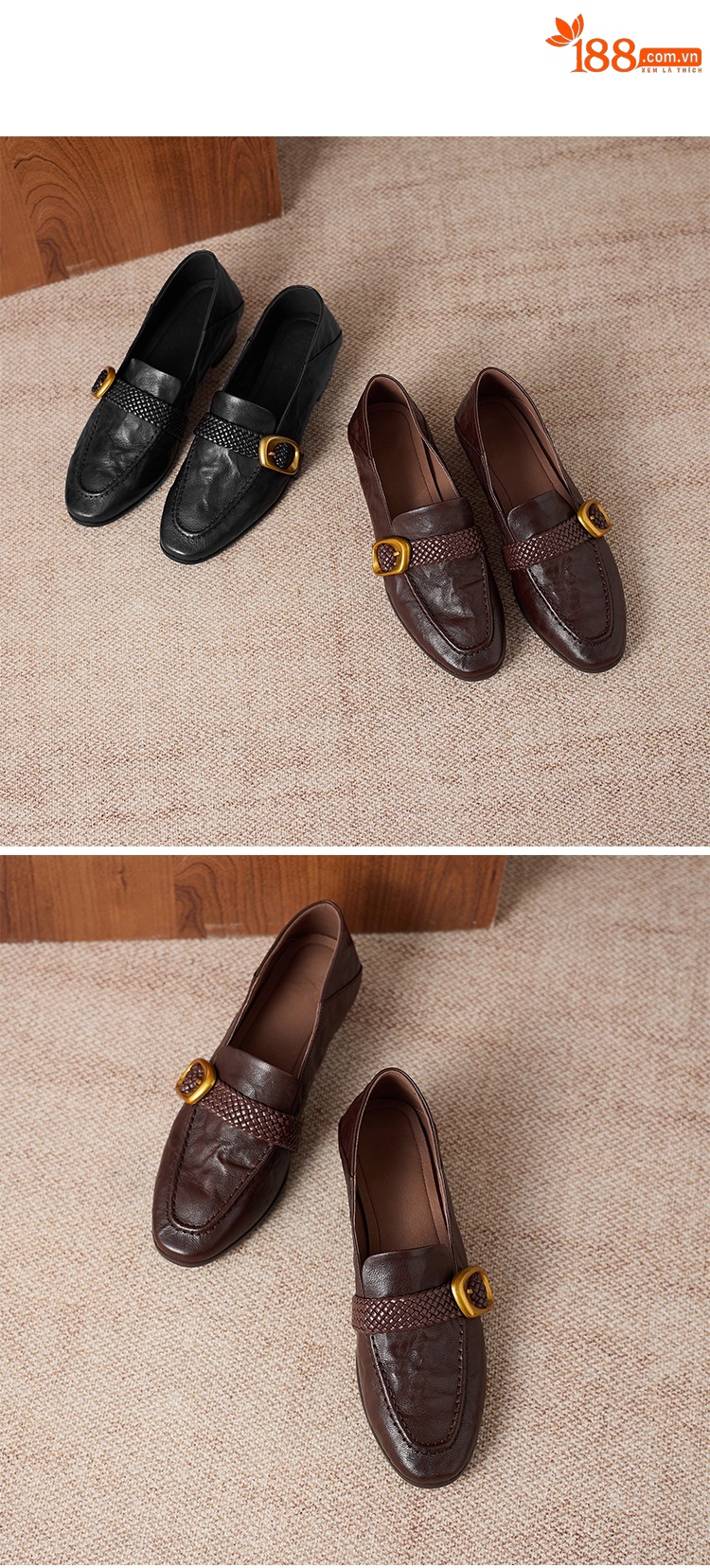 Giày lười nữ mũi vuông da cừu gót thô phong cách vintage khóa dệt — màu nâu chi tiết 11
