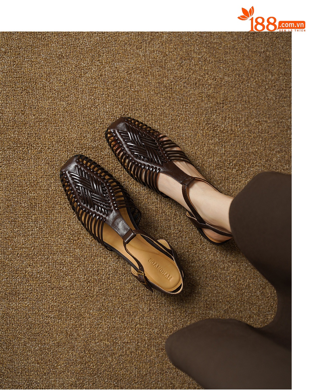 Sandal nữ quai dệt mảnh mũi vuông gót phẳng — màu nâu chi tiết 4