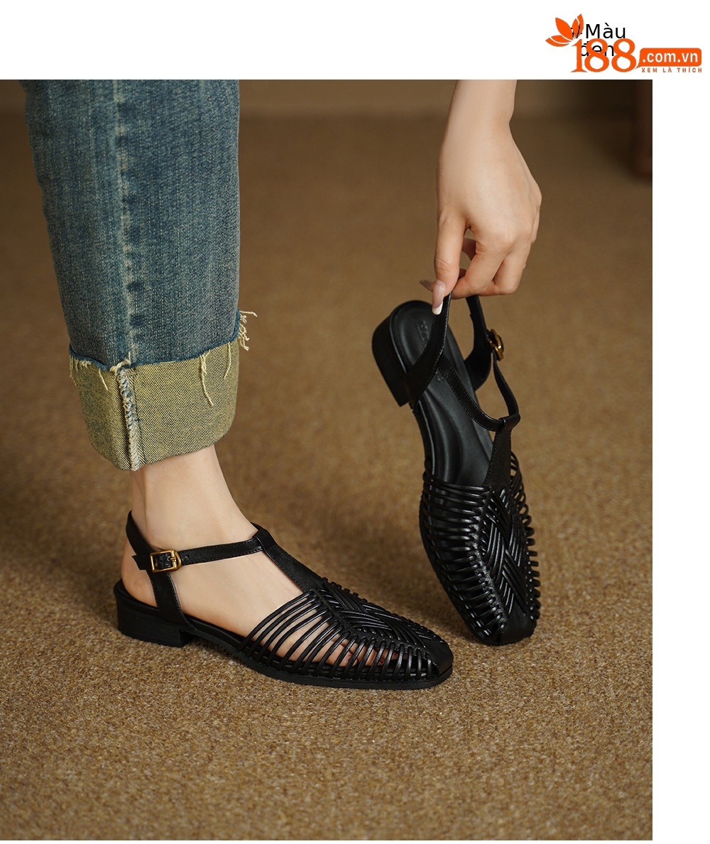 Sandal nữ quai dệt mảnh mũi vuông gót phẳng — màu nâu chi tiết 7