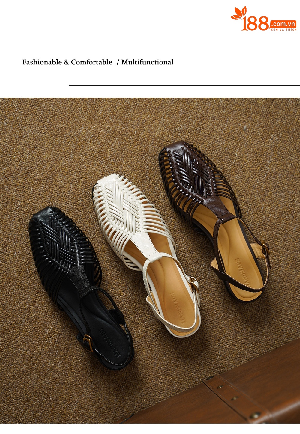 Sandal nữ quai dệt mảnh mũi vuông gót phẳng — màu nâu chi tiết 11