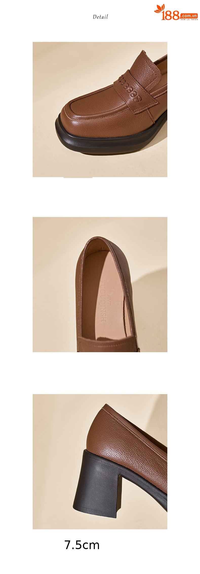 Giày loafer nữ da dê đế dày gót vuông 7,5 cm cổ sâu — màu nâu chi tiết 6