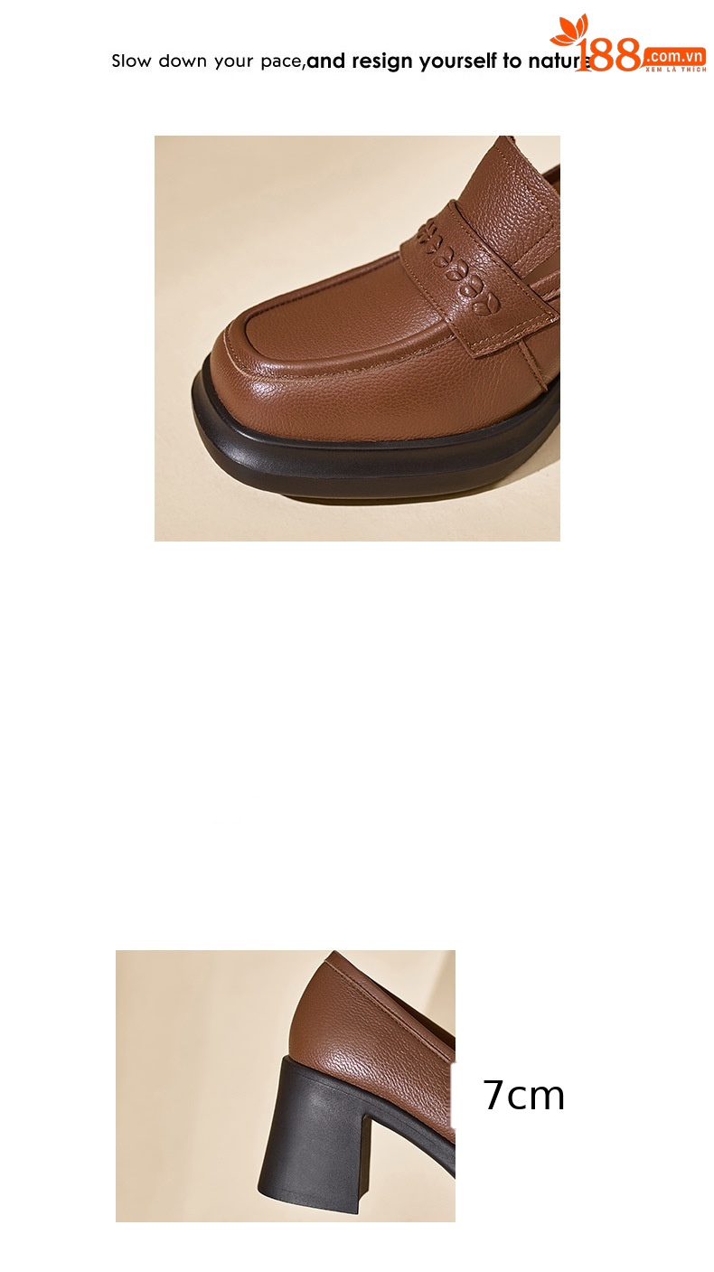 Giày loafer nữ da dê đế dày gót vuông 7,5 cm cổ sâu — màu nâu chi tiết 3